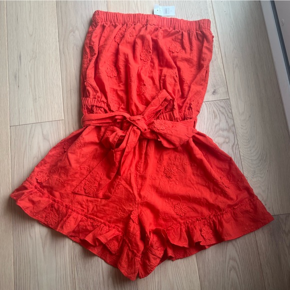 Loft beach line embroidered romper shorts strapless orange red NWT - Picture 4 of 8